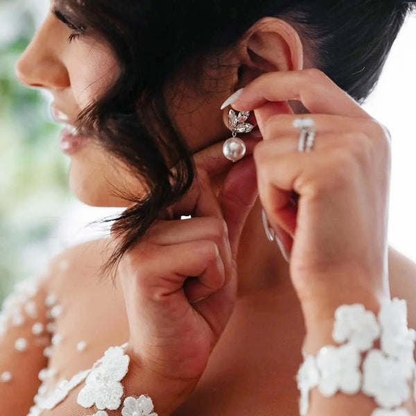 Pearl Drop Earrings - Anastasia Pearl - Swarovski Crystal, Rhodium Plated