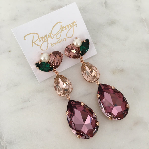 Angie Statement Drop Earrings - Purple and Emerald on Rose Gold