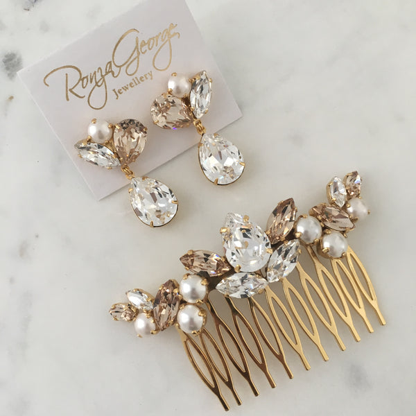 Pamela Hair Comb - Pearl, Light Silk and Crystal on Gold