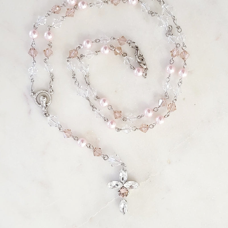 Pink Rosary - Rhodium plated Swarovski Crystal Vintage Rose and Pearl