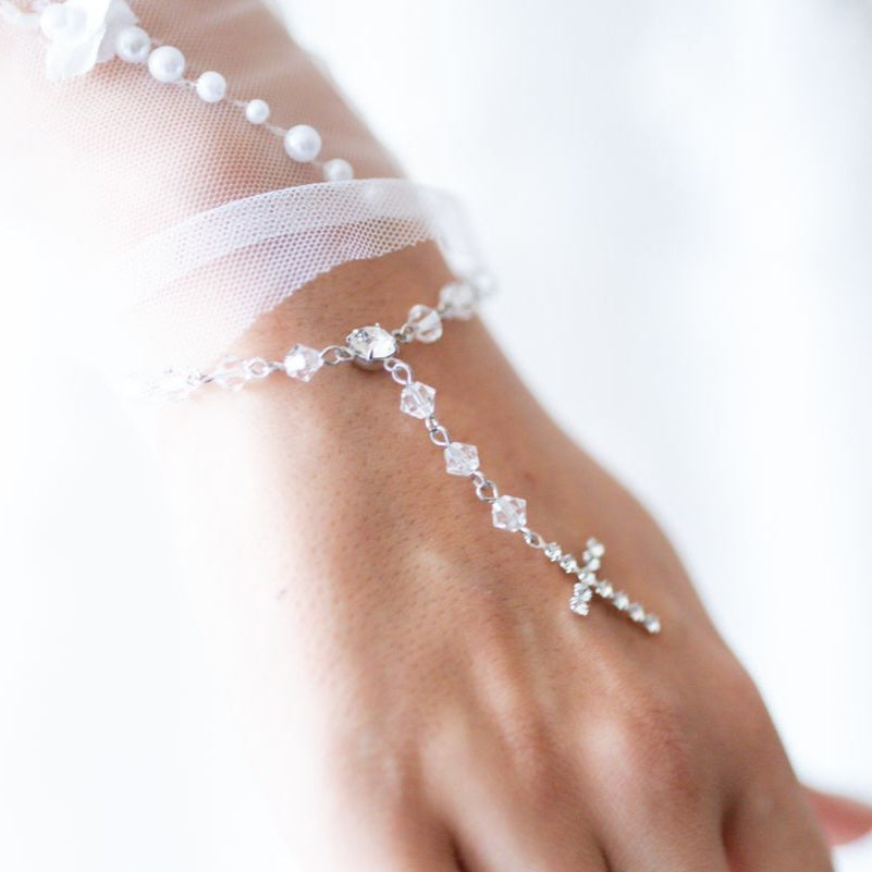 Dainty Bridal Rosary Bracelet Silver Swarovski Crystal Clear Ronza George Jewellery