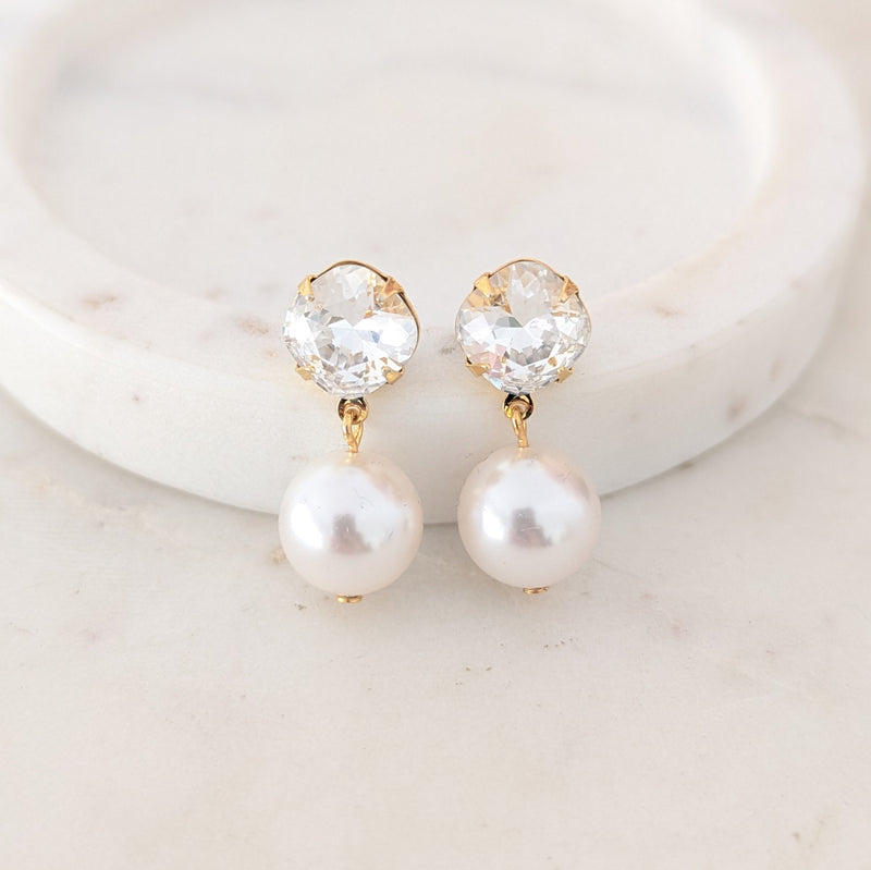 Mila Junior Gold Pearl Drop Earrings - Swarovski Crystal & Pearl, Yellow Gold plated