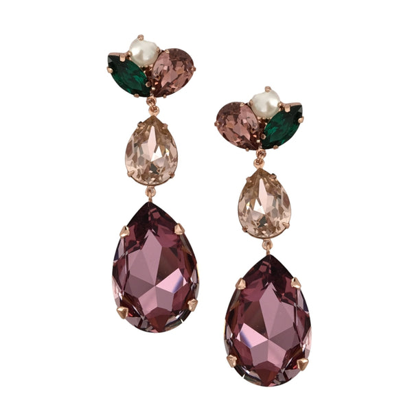 Angie Statement Drop Earrings - Purple and Emerald on Rose Gold