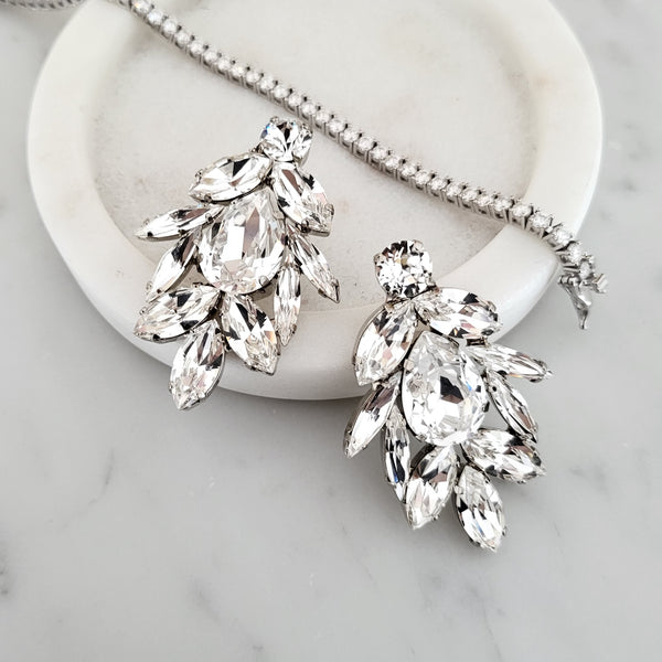 Statement Stud Earrings - Aurora Studs - Crystal Clear, Rhodium plated