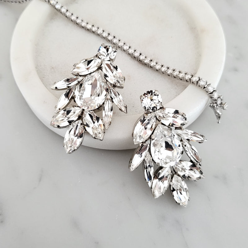 Statement Stud Earrings - Aurora Studs - Crystal Clear, Rhodium plated