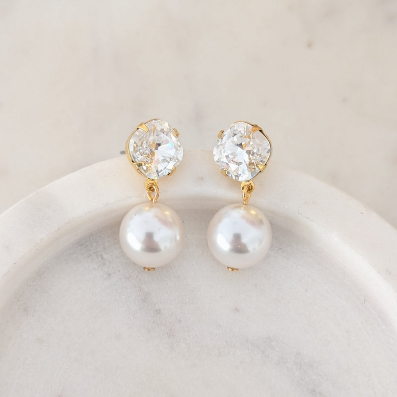 Mila Junior Gold Pearl Drop Earrings - Swarovski Crystal & Pearl, Yellow Gold plated