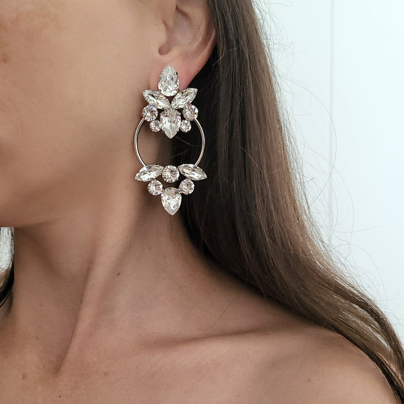 Chloe - Double Cluster Statement Earring - Swarovski Crystal, Rhodium Plated