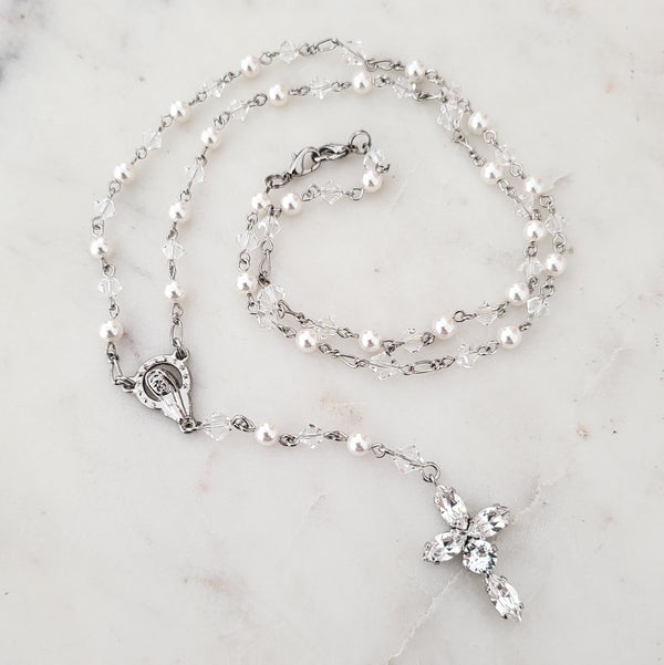 Rosary - Swarovski Crystal & White Pearl Rhodium Plated