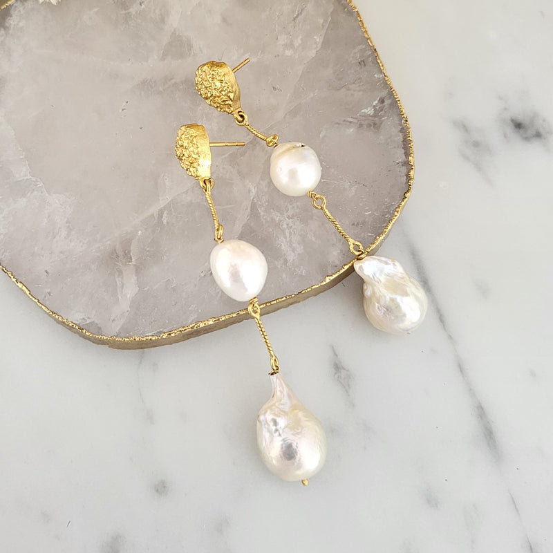 Baroque Pearl Long Earrings - DELTA - 18CT GOLD