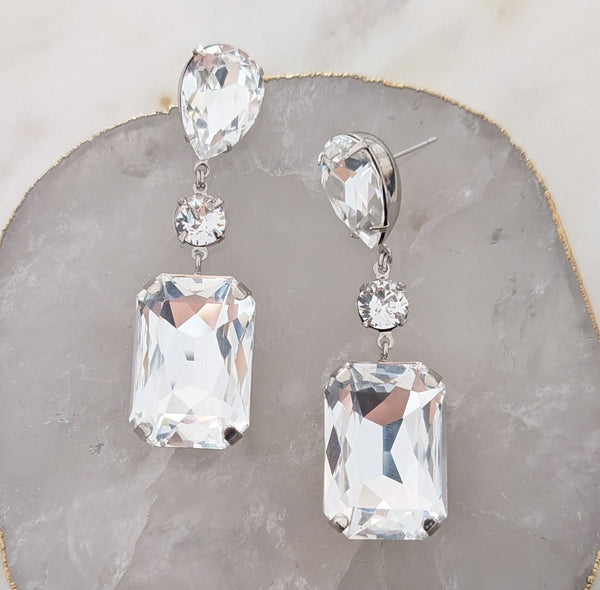 Diana Pear Statement Earrings - Crystal Clear, Rhodium plated