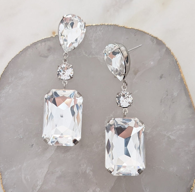 Diana Pear Statement Earrings - Crystal Clear, Rhodium plated