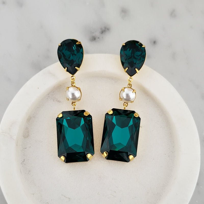 Diana Pear Statement Earrings - Emerald Green and Pearl