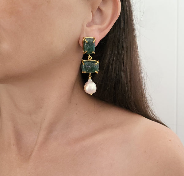 Baroque Pearl Statement Earrings - EMERALD - 18CT Gold Plated