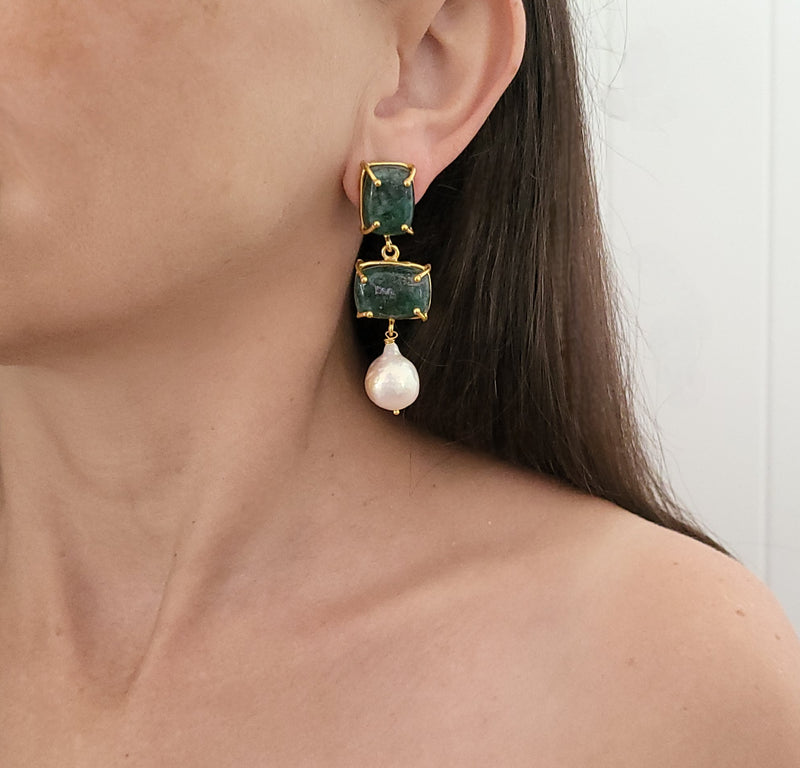 Baroque Pearl Statement Earrings - EMERALD - 18CT Gold Plated