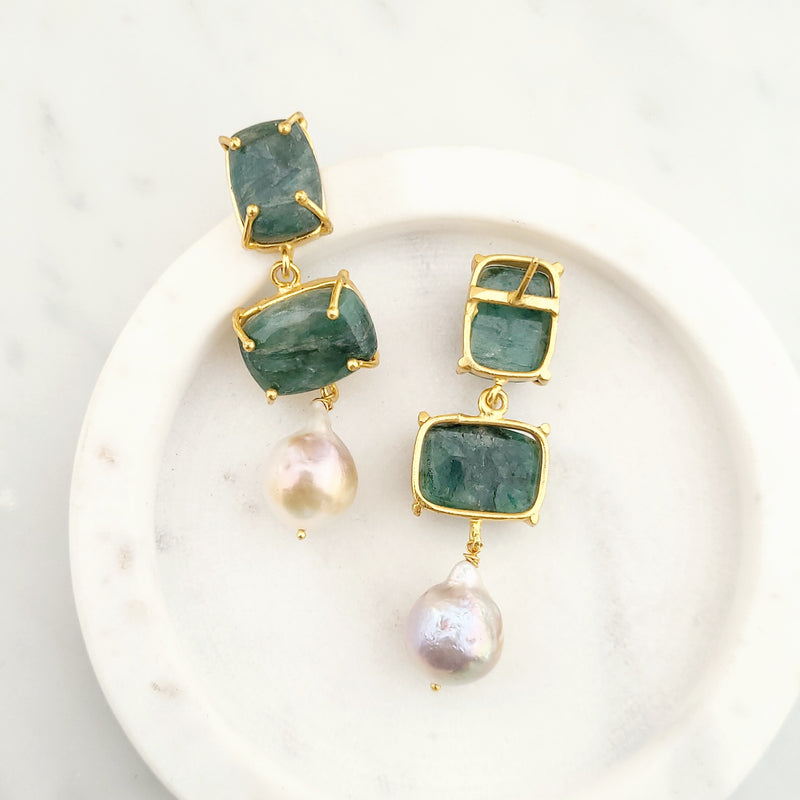 Baroque Pearl Statement Earrings - EMERALD - 18CT Gold Plated