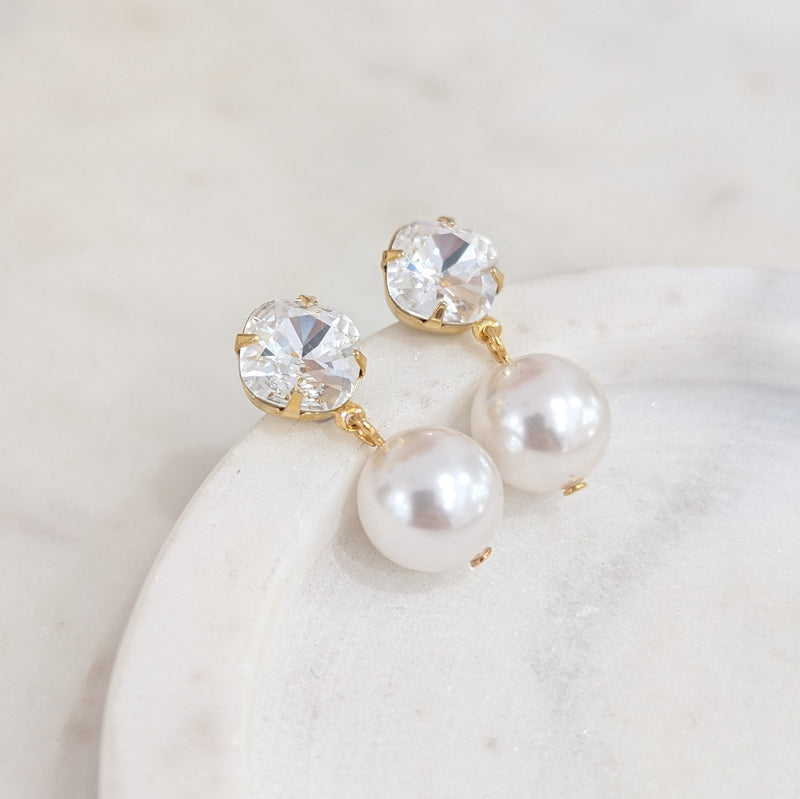 Mila Junior Gold Pearl Drop Earrings - Swarovski Crystal & Pearl, Yellow Gold plated