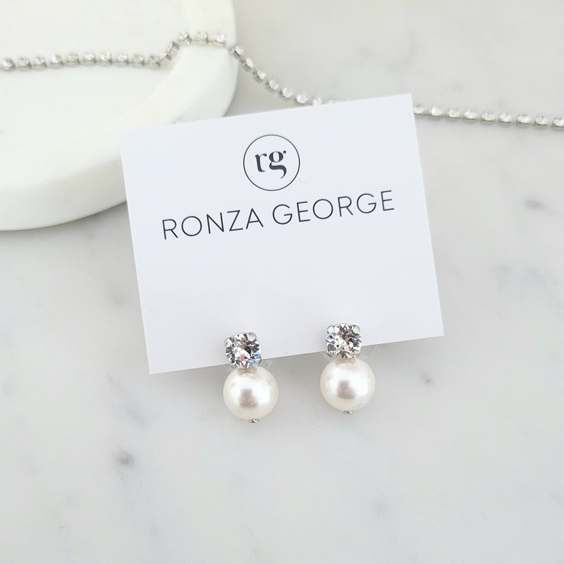 Leah Pearl Detachable Stud Earrings – Swarovski crystal and pearl bridal earrings, handmade in Sydney by Ronza George Jewellery.