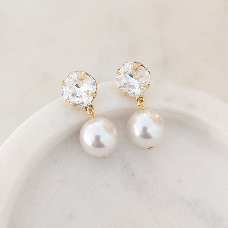 Mila Junior Gold Pearl Drop Earrings - Swarovski Crystal & Pearl, Yellow Gold plated