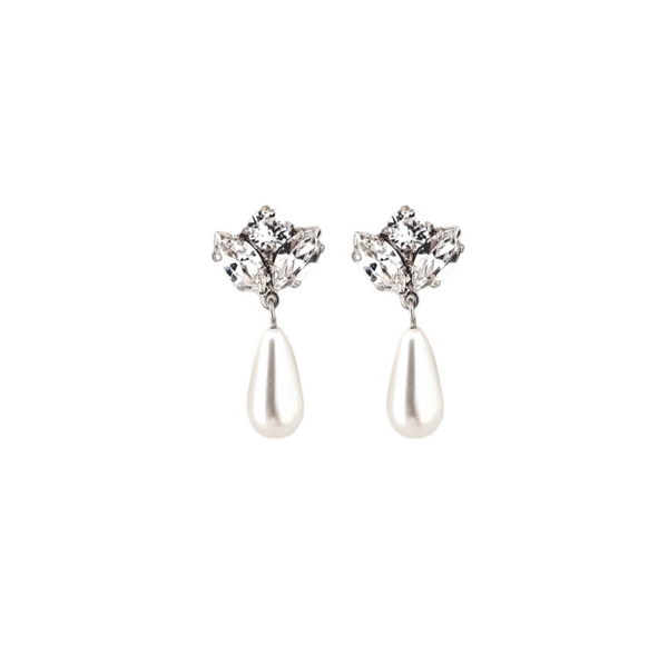 Long Pearl Drop Earrings - Mariah - Swarovski Crystal, Rhodium plated