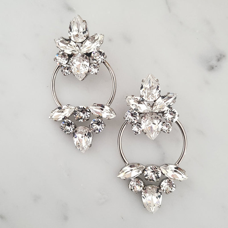 Chloe - Double Cluster Statement Earring - Swarovski Crystal, Rhodium Plated