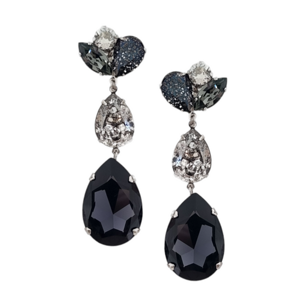 Angie Black Statement Earrings - Rhodium Plated - Black Grey Silver Combination