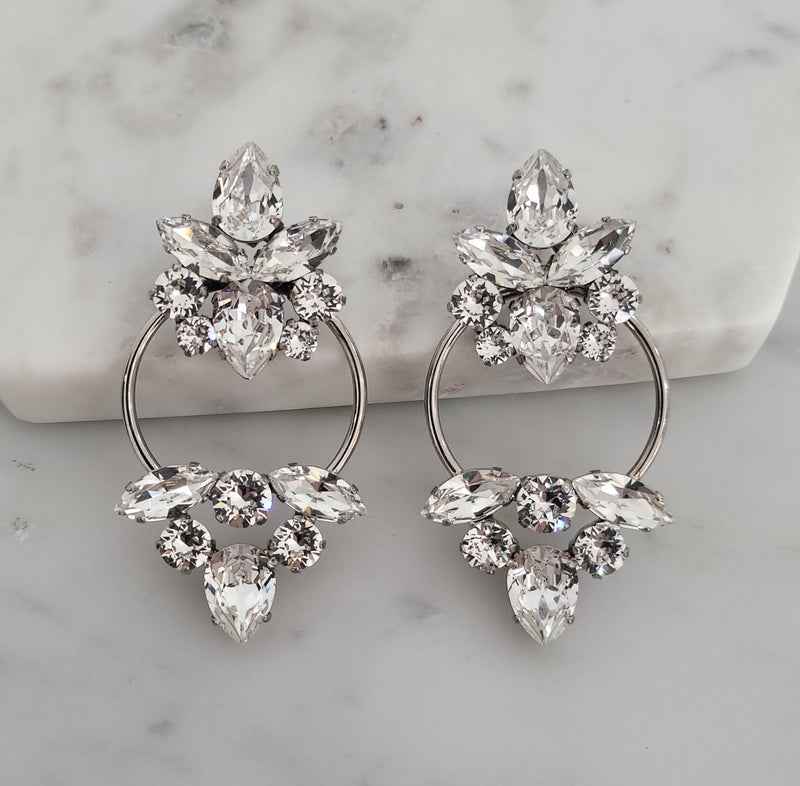 Chloe - Double Cluster Statement Earring - Swarovski Crystal, Rhodium Plated