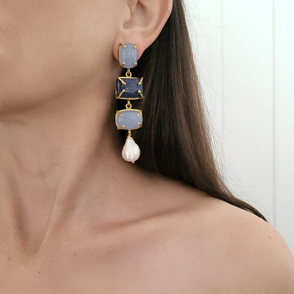Baroque Pearl Statement Earrings - TRANQUIL SKY & MIDNIGHT LAPIS TRIPLE DROP - 18CT Gold Plated
