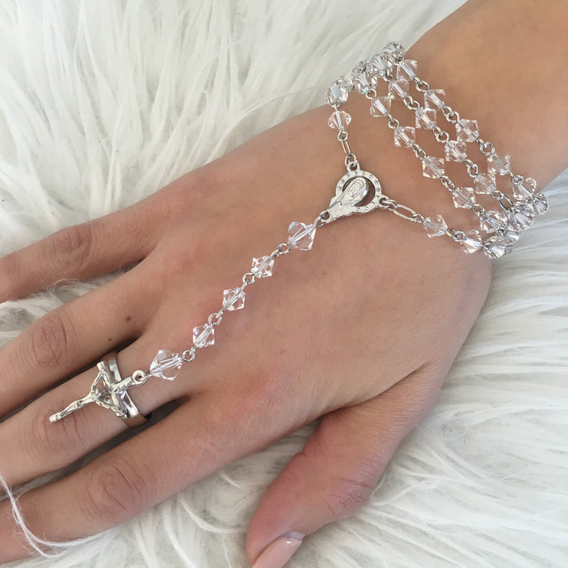 Rosary Bracelet with Cross Ring - Complete - Swarovski Crystal Rhodium Plated