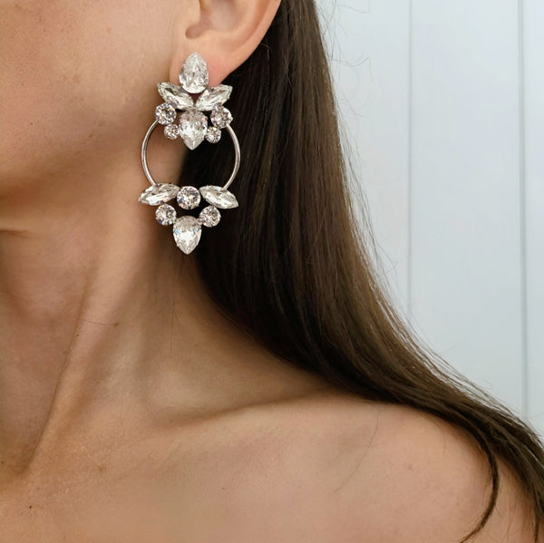 Chloe - Double Cluster Statement Earring - Swarovski Crystal, Rhodium Plated