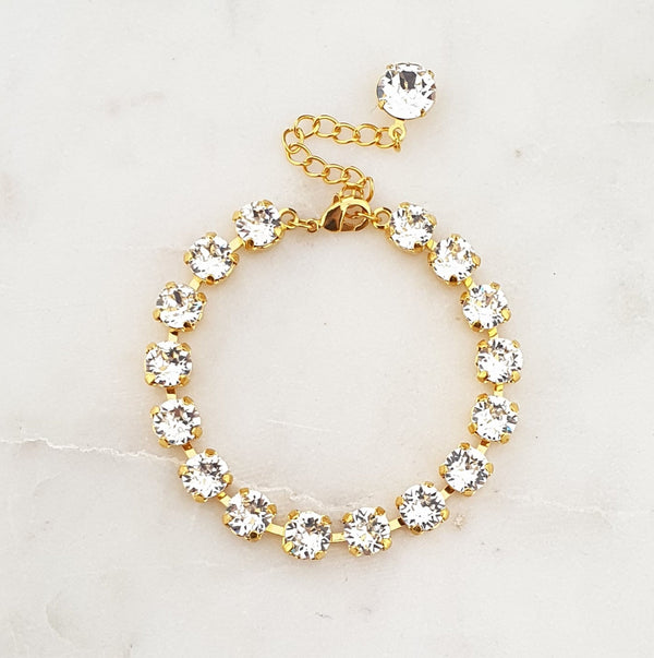 Tennis Bracelet - Yellow Gold Plated, Gold, White Opal and Crystal