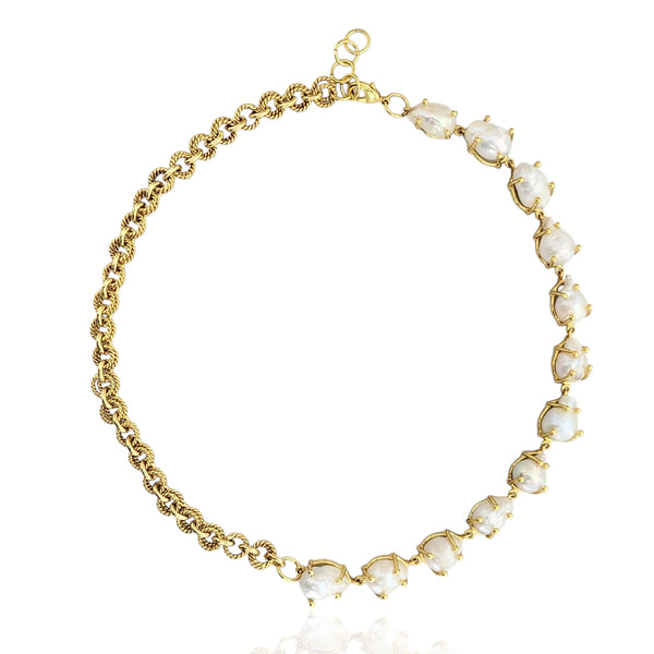 Gold Necklace with Baroque Pearlss\ on a white background