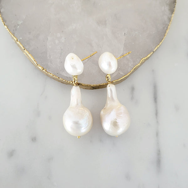 Baroque Pearl Bridal Statement Earrings - ELARA - 18CT GOLD