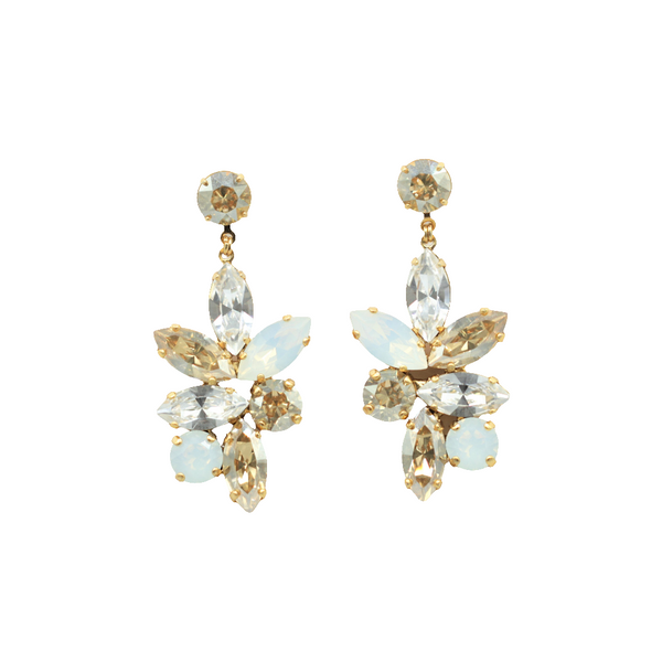 Jen Gold Drop Earrings - Golden Shadow, White Opal and Crystal Clear