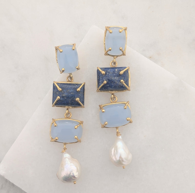 Baroque Pearl Statement Earrings - TRANQUIL SKY & MIDNIGHT LAPIS TRIPLE DROP - 18CT Gold Plated