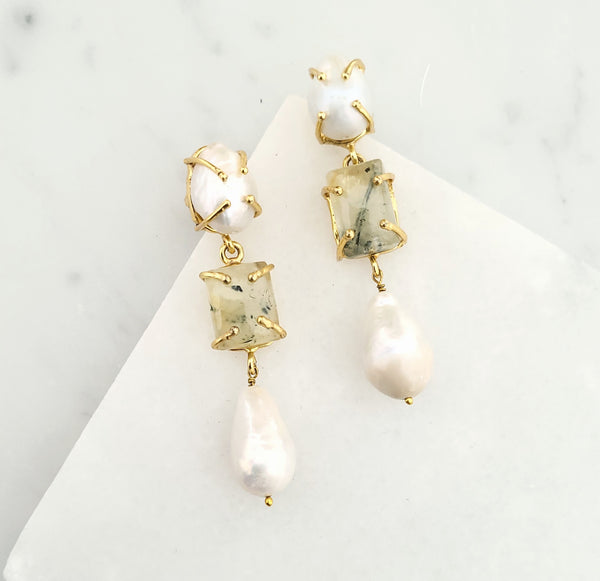 Baroque Pearl Statement Earrings - Baroque & Rutilated Quartz - 18CT Gold Plated