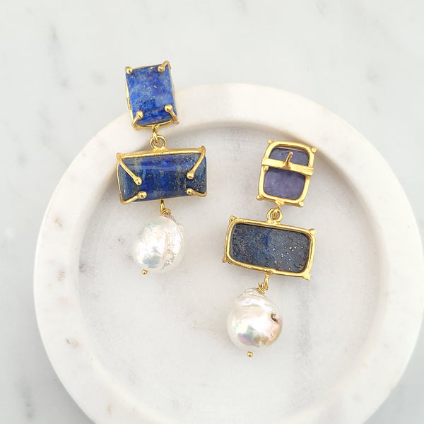 Baroque Pearl Statement Earrings - LAPIS LAZULI - 18CT Gold Plated