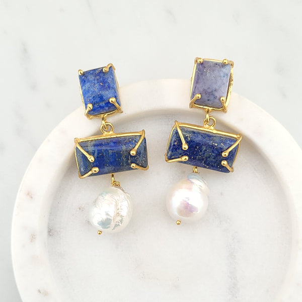 Baroque Pearl Statement Earrings - LAPIS LAZULI - 18CT Gold Plated