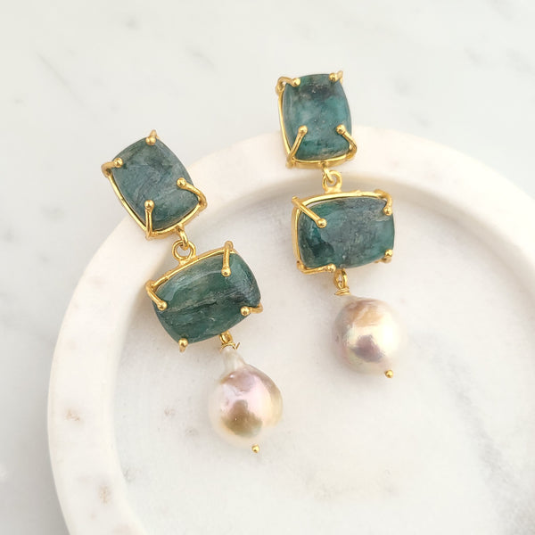 Baroque Pearl Statement Earrings - EMERALD - 18CT Gold Plated
