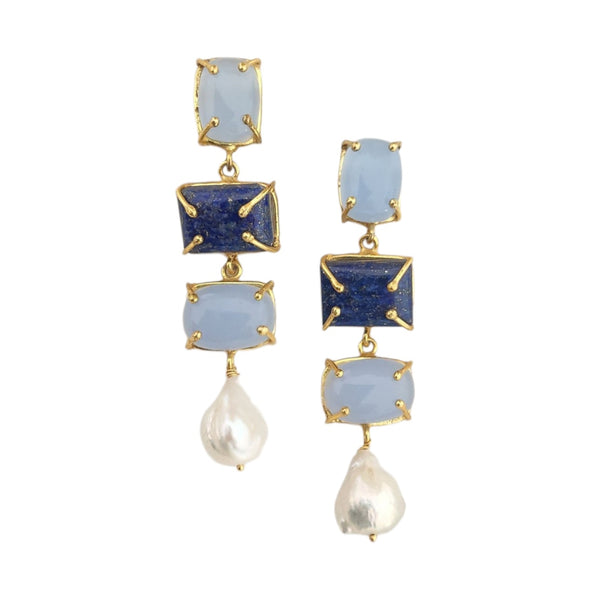 Baroque Pearl Statement Earrings - TRANQUIL SKY & MIDNIGHT LAPIS TRIPLE DROP - 18CT Gold Plated