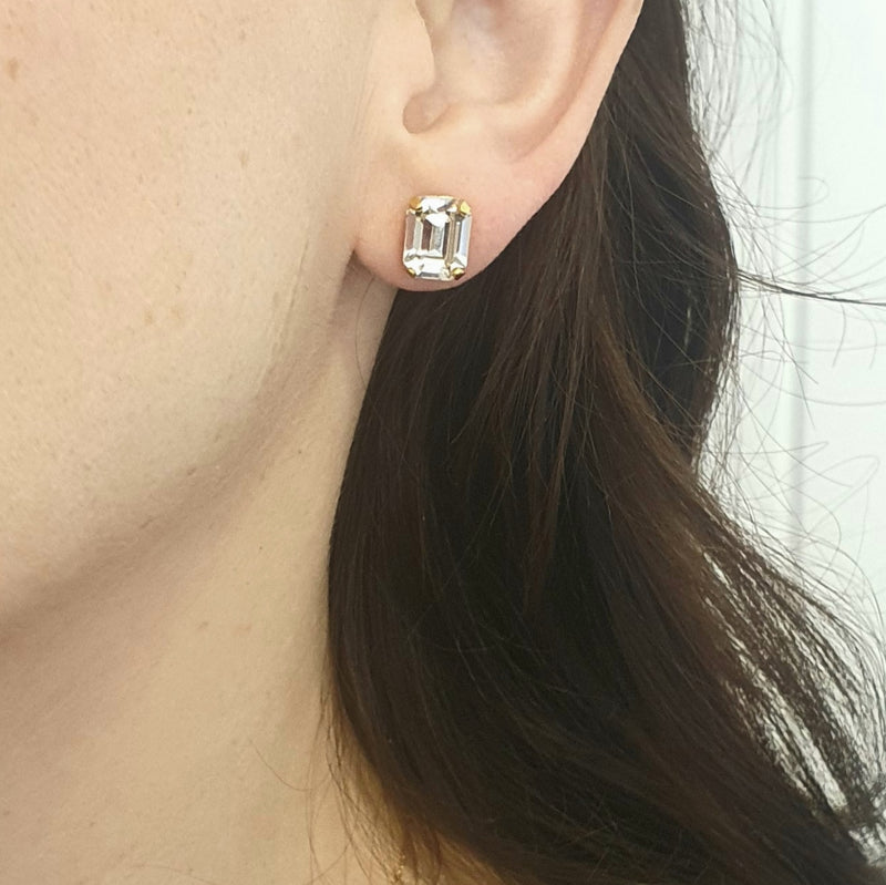 Emerald Cut Studs - Yellow Gold Plated, Crystal Clear