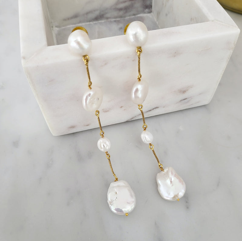 Baroque Pearl Long Earrings - Astrid - 18CT
