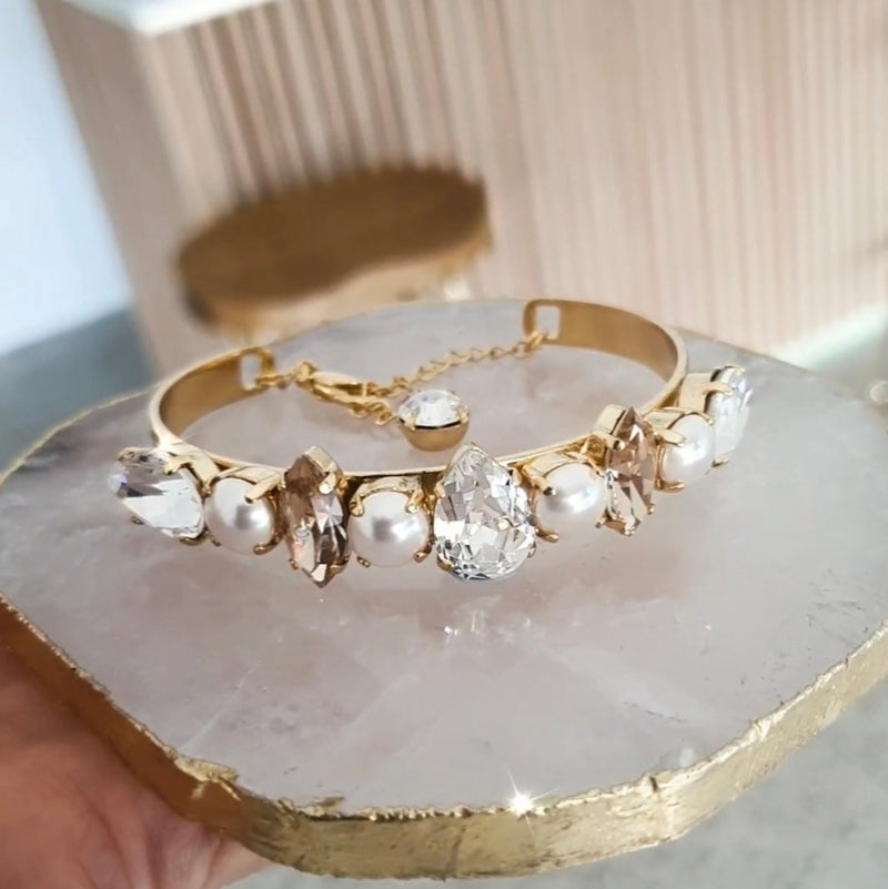 Christie Pearl and Gold Bracelet Cuff - Swarovski Crystal & Pearl