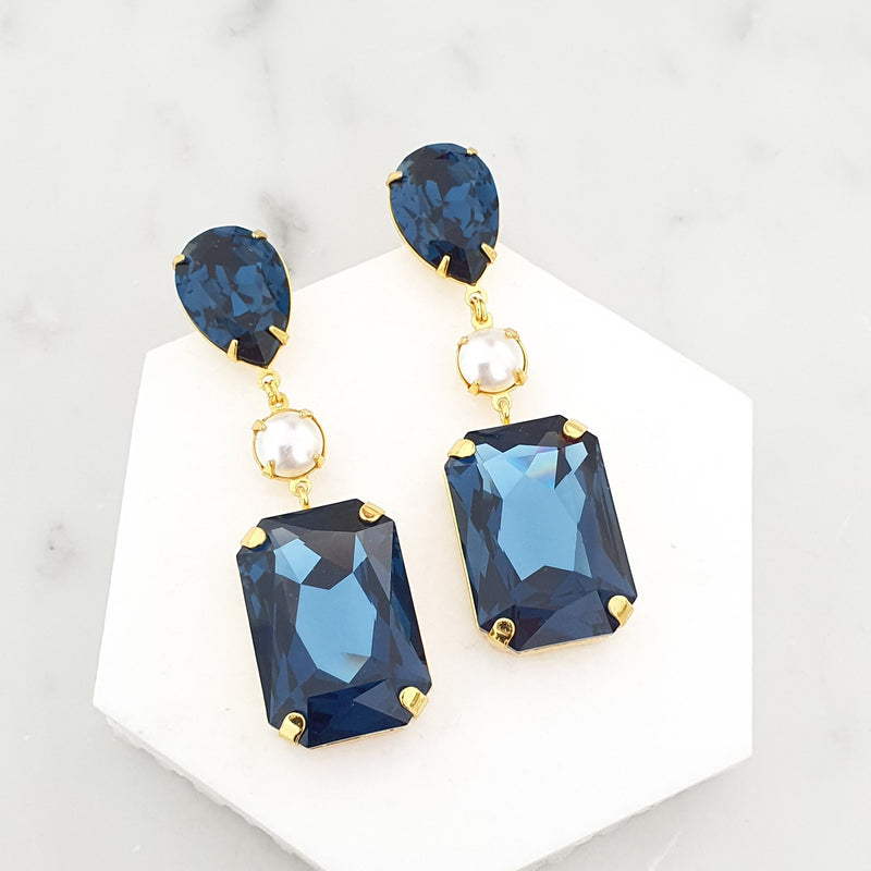 Diana Pear Statement Earrings - Navy and Pearl on Gold