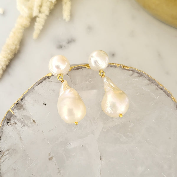 Baroque Pearl Bridal Earrings - ELARA - 18CT GOLD
