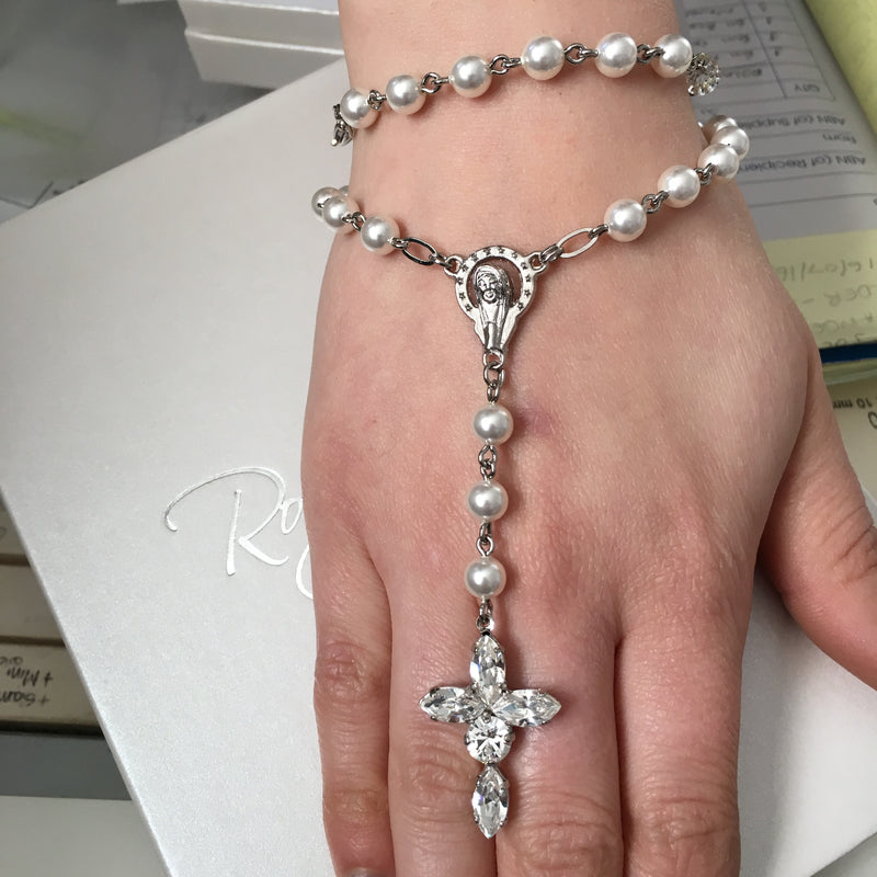 Two Wrap Rosary Bracelet Swarovski Pearl with Crystal Cross
