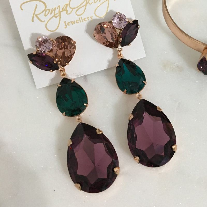 Angie Statement Drop Earrings - Purple and Emerald on Gold
