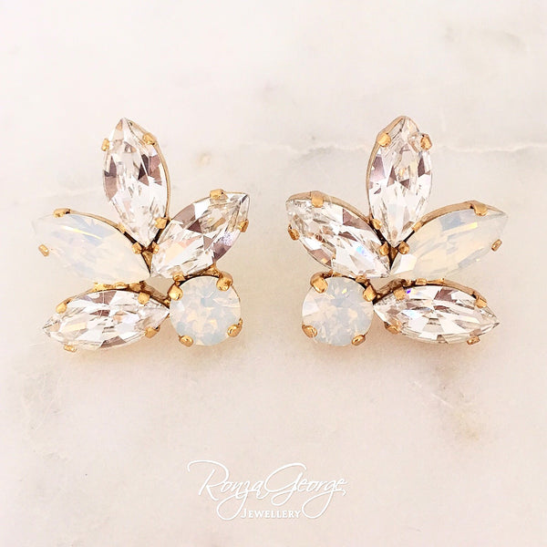 Jen Medium Cluster Stud Earring - Swarovski White Opal and Crystal Clear
