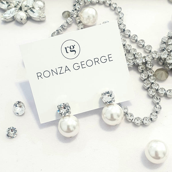 Leah Pearl Detachable Stud Earrings with Swarovski Crystal and 12mm Pearl by Ronza George Jewellery