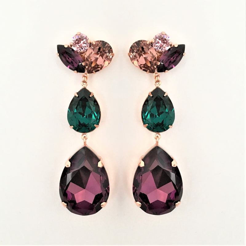 Angie Statement Drop Earrings - Purple and Emerald on Gold