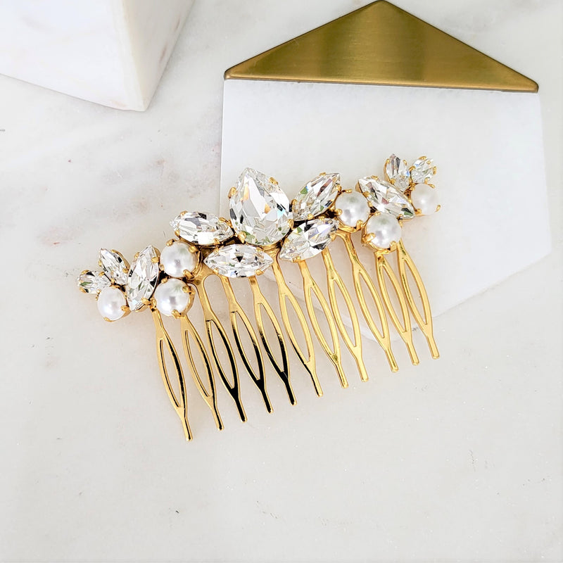 Pamela Hair Comb - Crystal and Pearl on Gold